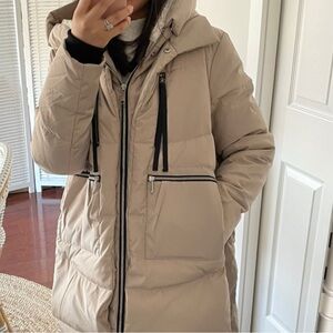 SAM EDELMAN Oversized Taupe Hooded Puffer Jacket | Down Parka Faux Shearling